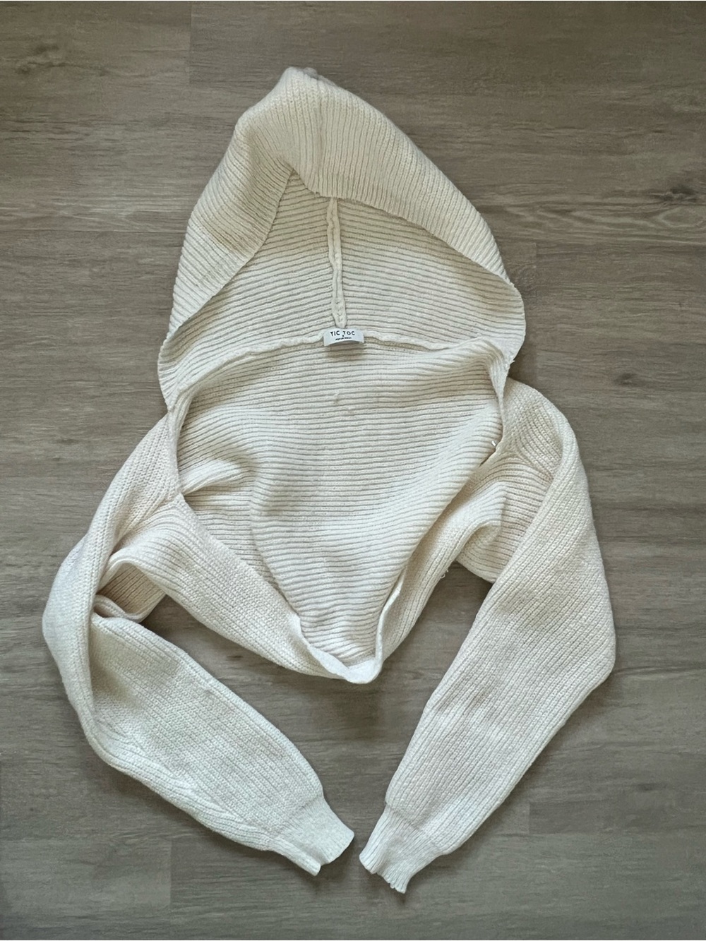 Hooded Ribbed Knit Cropped Sweater Poncho Shrug Cream Small